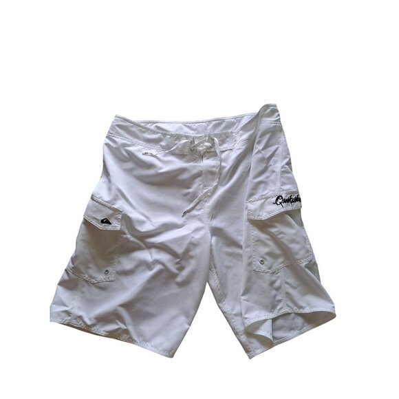 Quiksilver Mens White Cargo Swim Board Shorts Drawstring Waist Pockets Size 38 - Picture 1 of 8